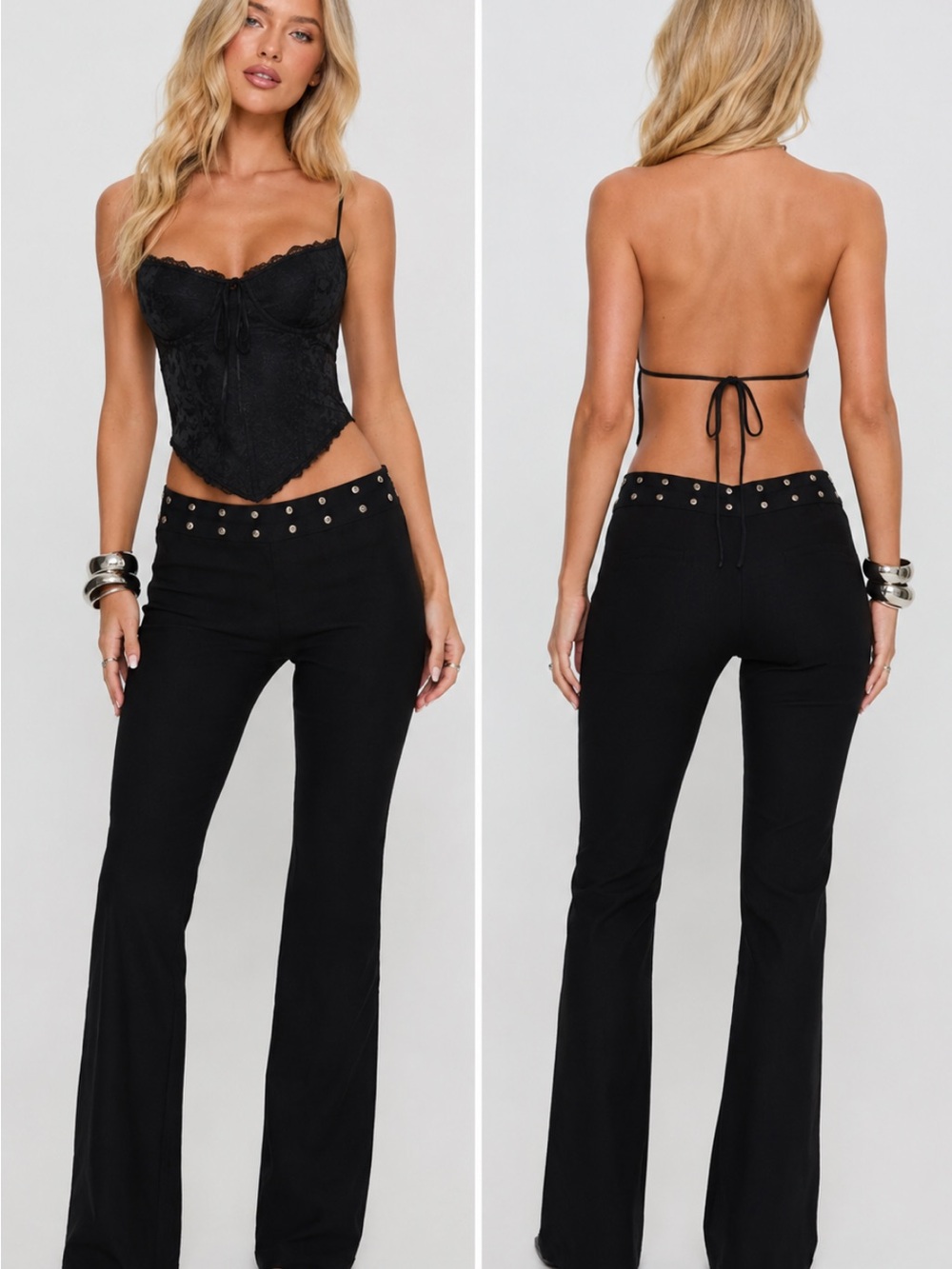 Princess Polly Black Stud-Trim High-Rise Flare Pants